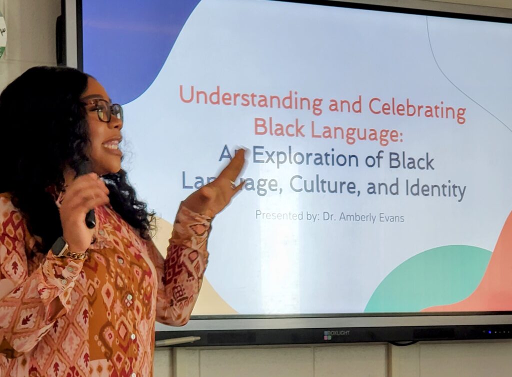 Dr, Amberly Evans prepares for her lesson on Black Language